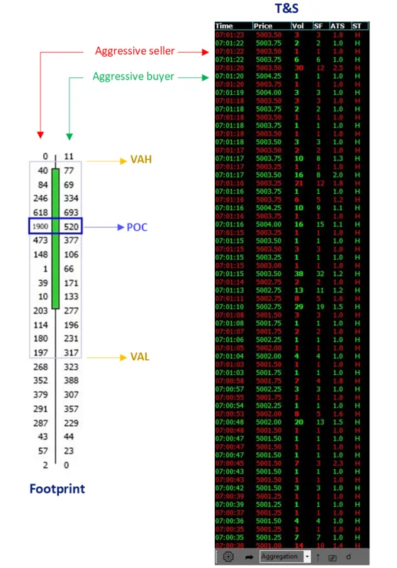 A footprint chart with buying and selling volume printed at each price, beside a running time and sales list